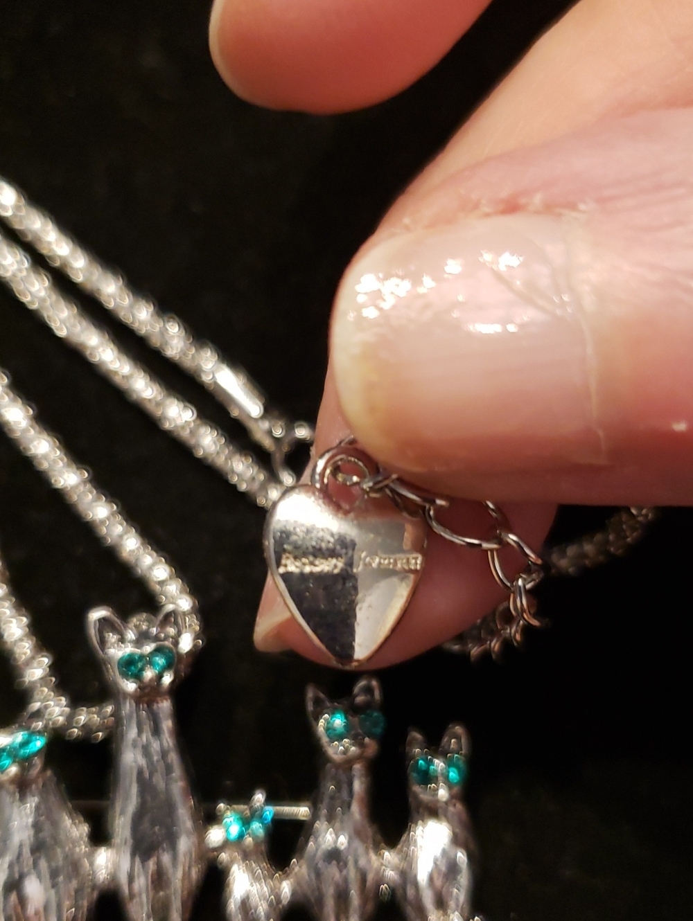 NEW Betsey Johnson Siamese Family Pendant Necklace/Pin Long, Slvrtn Chain, Blue. - Picture 2 of 6